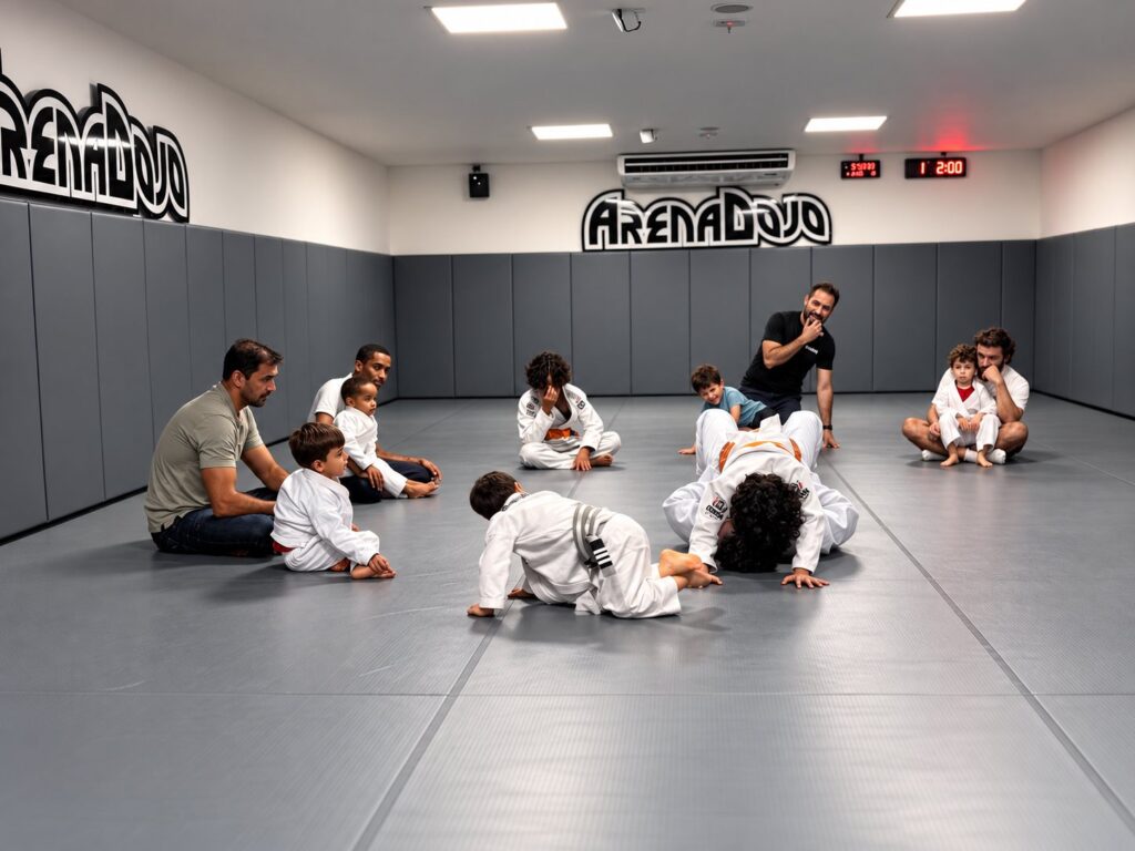 Aula infantil de jiu-jitsu no tatame da Health Way
