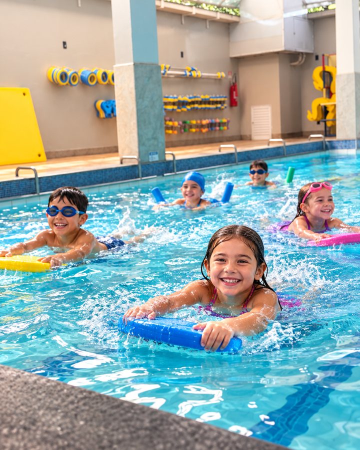 Aula de natação infantil na piscina aquecida da Health Way